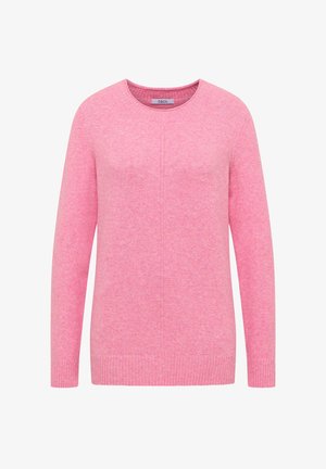 Pink sweater made of soft fabric with a round neck, long sleeves, and ribbed cuffs and hem; features a subtle texture and seamless design.