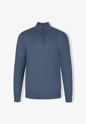 Tumši zilas krāsas džemperis ar augstu apkakli, izgatavots no mīksta adījumam līdzīga materiāla, ar īsu rāvējslēdzēju. Ribotās aproces un apakšmala.