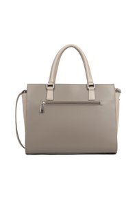 Borsa in pelle taupe con doppi manici superiori, tasca frontale con zip e tracolla rimovibile su sfondo bianco.