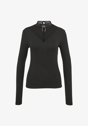 Black long-sleeve top with a high lace collar, featuring a V-shaped lace accent at the chest. Smooth texture, fitted design, and solid color.