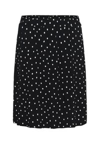 Jupe noire à pois blancs, taille élastique et coupe légèrement évasée.