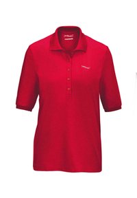 Rode polo shirt met korte mouwen, een kraag, vijf knopen aan de voorkant en een klein wit logo op de linkerborst.