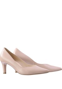Pinky-beige leather heels with a pointed toe and a low block heel. Smooth texture and minimalistic design, featuring a subtle cutout at the instep.