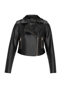 Giacca moto cropped in finta pelle nera con colletto a punta, chiusure con zip argentate, tasche con zip e borchie dorate sulle maniche.