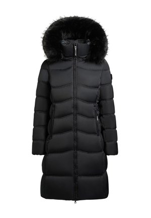 Abrigo acolchado negro con capucha desmontable forrada de piel, con cierre de cremallera delantero, dos bolsillos laterales y textura acolchada horizontal.