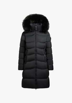 Schwarzer gesteppter Mantel mit abnehmbarer, mit Fell gefütterter Kapuze, Reißverschluss vorne, zwei Seitentaschen und horizontaler Steppstruktur.