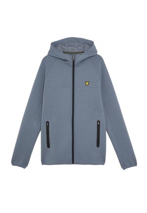 Grau Zip-Hoodie mit Kapuze, ausgestattet mit schwarzen Reißverschlusstaschen und einem kleinen gelben Logo auf der linken Brust. Hergestellt aus weichtexturiertem Stoff.