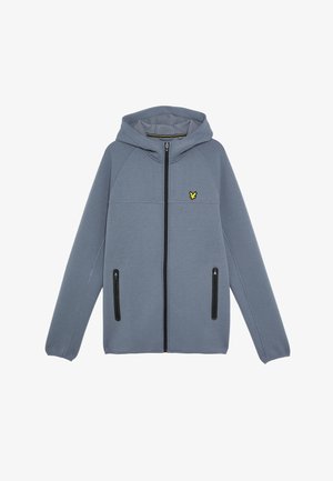 Grau Zip-Hoodie mit Kapuze, ausgestattet mit schwarzen Reißverschlusstaschen und einem kleinen gelben Logo auf der linken Brust. Hergestellt aus weichtexturiertem Stoff.