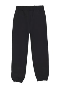 Pantaloni tuta neri con vita elastica e polsini elasticizzati, mostrati distesi su uno sfondo bianco.