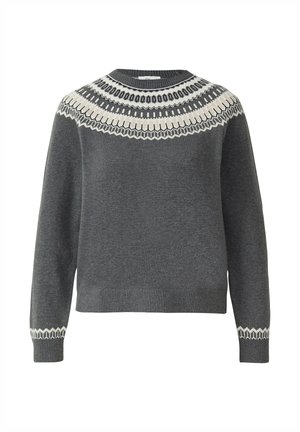 Dunkelgrauer Strickpullover mit weißen und schwarzen geometrischen Mustern um den Halsausschnitt und die Bündchen, mit Rundhalsausschnitt und gerippten Säumen.