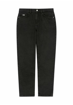 Czarne dżinsy z denimu o kroju prostych nogawek, wyposażone w dwie przednie kieszenie, jedną kieszonkę na monety oraz pojedyncze zapięcie na guzik. Gładka faktura.