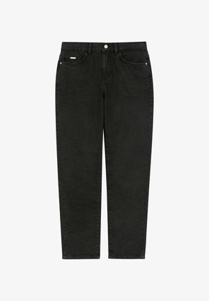 Czarne dżinsy z denimu o kroju prostych nogawek, wyposażone w dwie przednie kieszenie, jedną kieszonkę na monety oraz pojedyncze zapięcie na guzik. Gładka faktura.