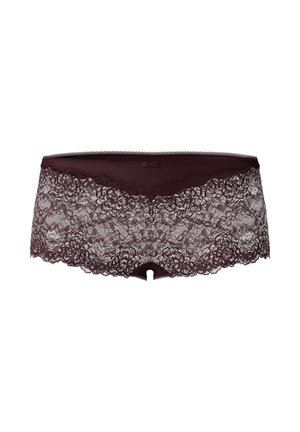 Bordeaux kant hipster lingerie met ingewikkelde bloemmotieven, zachte stof, golvende randen en een decoratieve strik bij de tailleband.