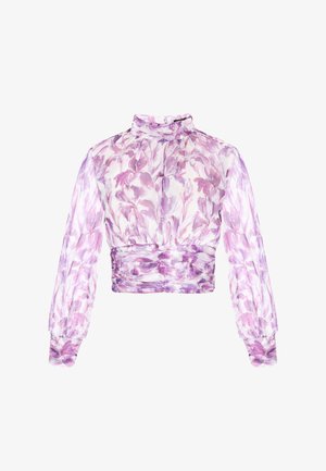 Lilla blomstermønstret cropped blouse, gennemsigtigt stof, høj hals, lang voluminøse ærmer, samlet detalje i taljen, let tekstur.