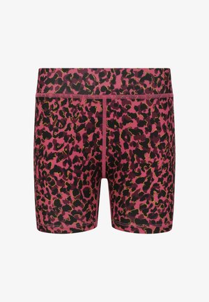 Caleçons à imprimé léopard avec une base rose, comportant des accents noirs et jaunes, conçus avec un tissu doux et extensible pour le confort.