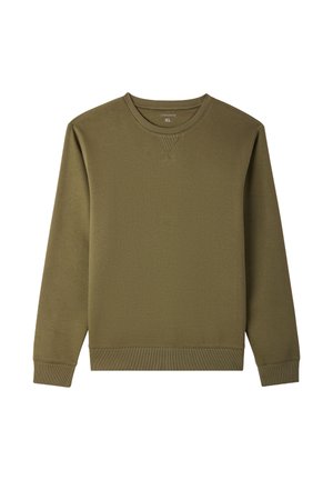 Felpa verde oliva in un tessuto morbido, con collo rotondo, maniche lunghe e polsini e bordo a coste. Taglia XL, design semplice.
