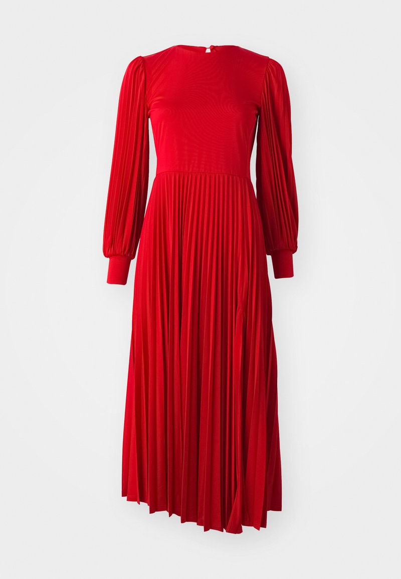 Piros, redőzött ruha hosszú puffos ujjakkal, kerek nyakkivágással és kulcslyuk hátkivágással. Puha anyagból készült, sima textúrával.