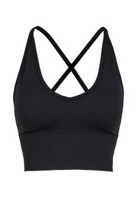 Musta urheiluliivi, jossa on sileä kangas, ristiselän hihnat ja ribattu vyö. Ominaisuuksiin kuuluu pyöreä kaula-aukko ja minimaalinen ompelu mukavuutta varten.