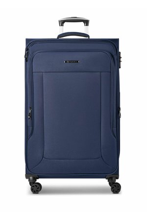 Marineblauer Softshell-Koffer mit ausgezogenem schwarzem Griff, vier schwarzen Spinner-Rollen, vorderer Reißverschlusstasche und rechteckiger Form.