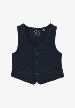 Marineblaue gesteppte Weste mit V-Ausschnitt, fünf Knopfverschluss und zwei Fronttaschen. Enthält ein Etikett innen mit Markendetails.