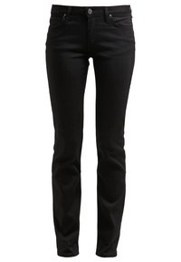 Jean slim noir avec fermeture à bouton et zip à l’avant, doté de poches avant et arrière, présenté sur fond blanc.