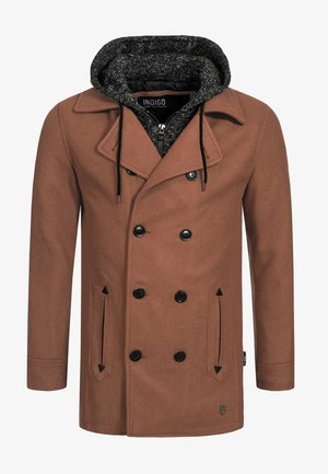 Brown double-breasted coat with a black hood, featuring a textured inner lining, side pockets, and black buttons.
