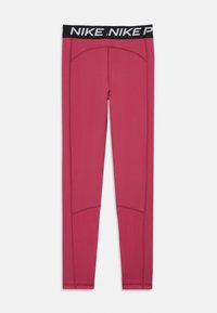 Leggings roses ajustés avec une taille noire à logo Nike, texture lisse, coutures contrastées et design longueur cheville. Convient pour le sport.