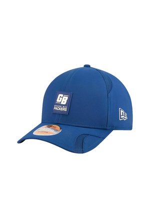 Cappellino da baseball blu con corona strutturata, patch in tessuto con logo etichettato "GB" e "Green Bay Packers", visiera curva e pannelli in rete.