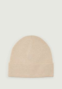 Beanie hat in light beige, ribbed knit texture, featuring a cuffed brim and a rounded top with a central seam detail.