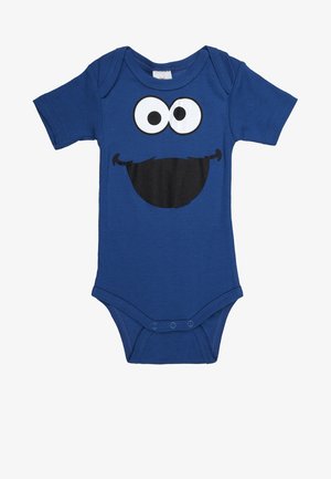 Blue short-sleeve bodysuit made of cotton featuring a large black and white Cookie Monster face graphic on the front. Snap closures at the bottom.