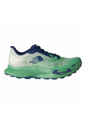 Zapatilla de running North Face Enduris 4 en verde claro y azul verdoso con cordones y suela azul marino, equipada con tecnología de amortiguación VECTIV.