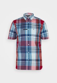 Camicia a maniche corte a quadri con colori rosso, blu e bianco, collo button-down e taschino sul petto con toppa logo. Materiale in cotone.