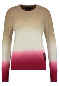 Stickad tröja med en gradientdesign från beige till vitt till rosa vid fållen. Rund halsringning och ribbad mudd. Lapp på sidan.