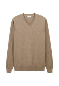 Pull en V beige en tissu doux, avec des bords côtelés au niveau des poignets et de l'ourlet. Petit logo sur la poitrine. Design simple avec manches longues.