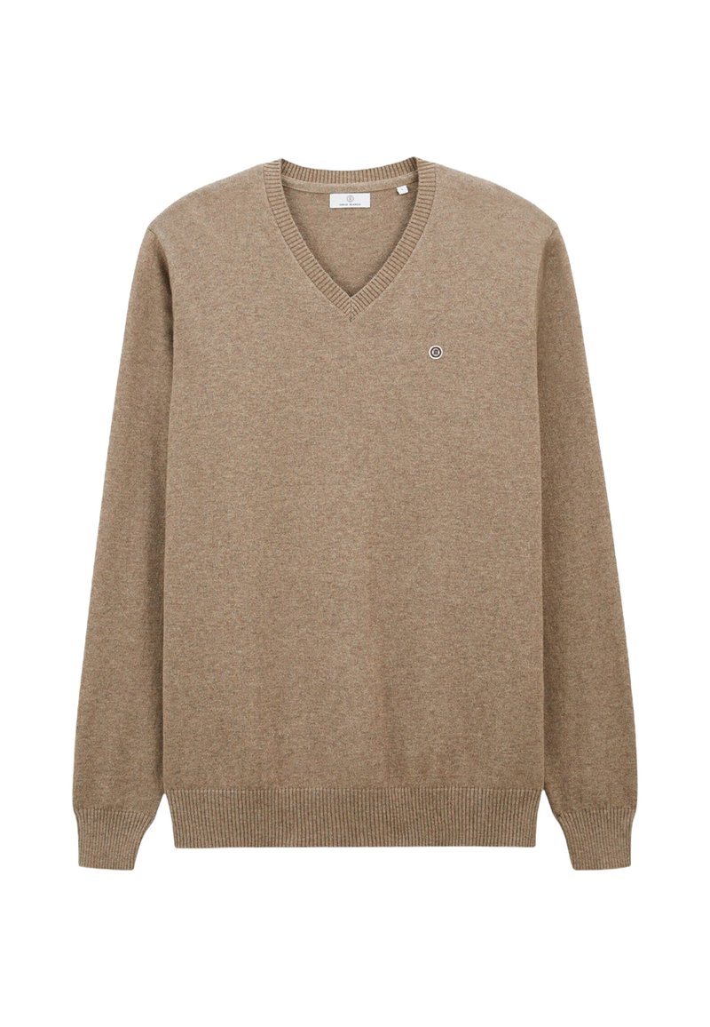 Pull en V beige en tissu doux, avec des bords côtelés au niveau des poignets et de l'ourlet. Petit logo sur la poitrine. Design simple avec manches longues.