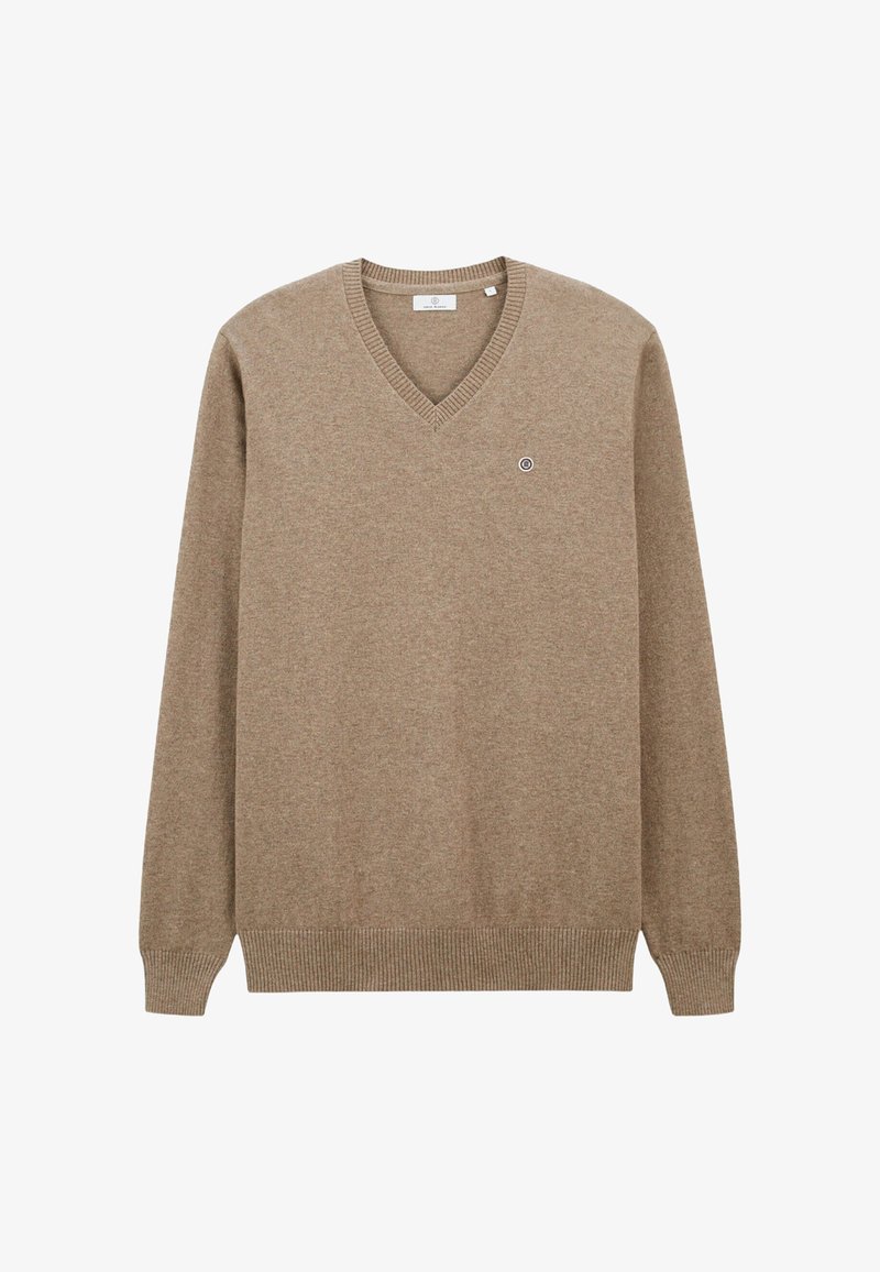 Pull en V beige en tissu doux, avec des bords côtelés au niveau des poignets et de l'ourlet. Petit logo sur la poitrine. Design simple avec manches longues.