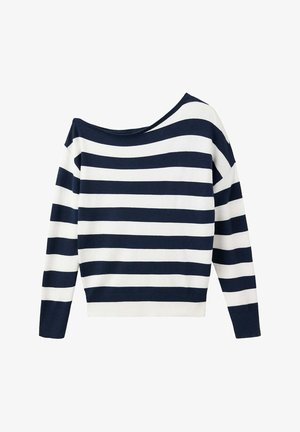 Maglione a righe orizzontali blu navy e bianco con maniche lunghe e scollo ampio, leggermente sceso sulle spalle.