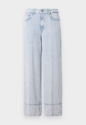 Ljusblå denimbyxor med breda ben och hög midja. Har en knapp- och dragkedjestängning, framfickor och en rå kantdetalj.