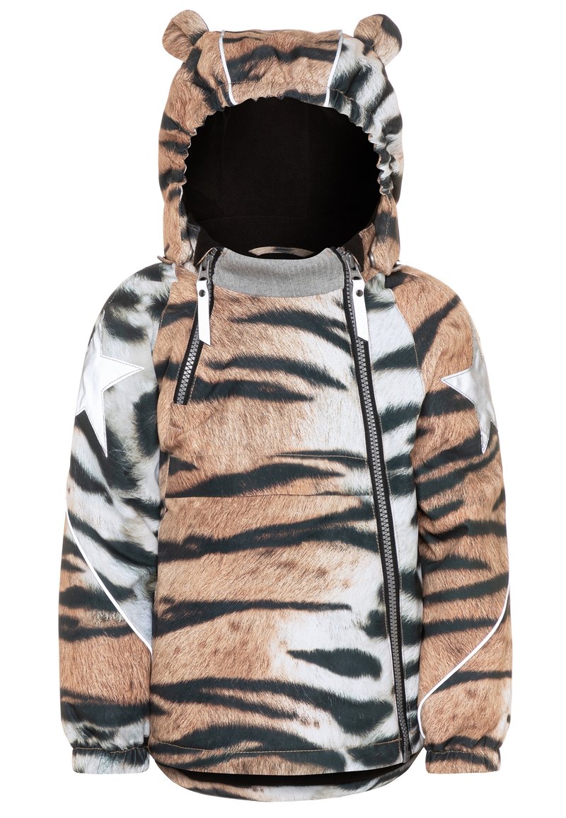 Veste pour enfants avec un motif en rayures de tigre marron et noir, dotée d'une capuche, d'oreilles en fourrure, d'accents en étoiles argentées et de poches zippées à l'avant.
