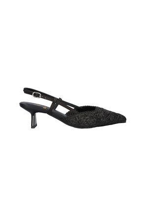 Zapato negro tipo slingback con puntera puntiaguda, tacón bajo de 5 cm y diseño superior con textura floral.