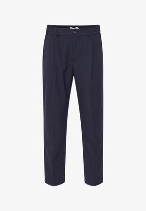 Marineblaue, maßgeschneiderte Hose mit vorderen Falten, Knopfverschluss, Gürtelschlaufen und Seitentaschen, gestaltet für formelle oder geschäftliche Anlässe.