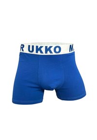 Blå kalsonger med ett vitt elastiskt midjeband som har texten "MR UKKO." Tillverkade av bomull, de har en jämn textur och en åtsittande design.