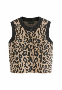 Leopardimustriga kootud vest musta ribiga krae, eest nupud ja kaks rakendustaskut. Domineerivad värvid on beež ja must.