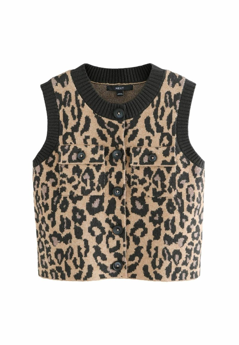 Leopardimustriga kootud vest musta ribiga krae, eest nupud ja kaks rakendustaskut. Domineerivad värvid on beež ja must.