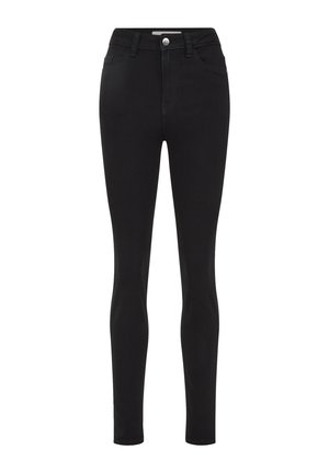 Černé skinny džíny vyrobené z elastického materiálu s vysokým pasem, které mají zapínání na knoflík a zip, pět kapsový design a hladkou strukturu.