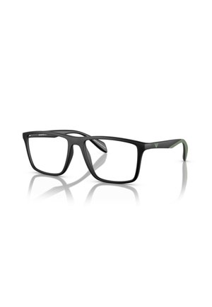 Lunettes de vue rectangulaires noires avec une finition mate, avec des branches droites et des accents verts sur les côtés. Verres transparents sans correction.