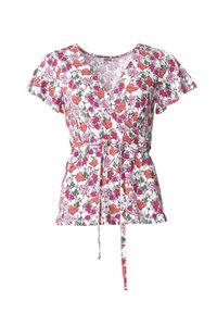 Topp med blommönster, korta fladdrande ärmar, v-ringning och knytband i midjan. Har flerfärgade blommor på vit bakgrund. Tyg av bomullsblandning.