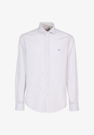 Camicia bianca con bottoni, motivo a piccoli rombi blu e rossi, maniche lunghe e logo blu sulla tasca del petto. Tessuto dalla texture liscia.