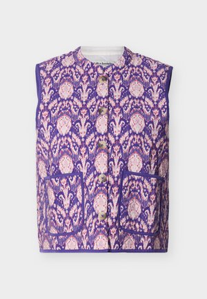 Veste sans manches violette avec motif abstrait rose et blanc, boutons sur le devant, deux poches plaquées et col rond.