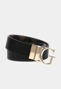 Cintura in pelle nera con fibbia a forma di G in tono oro e un motivo interno testurizzato. Il design è elegante con una finitura moderna.